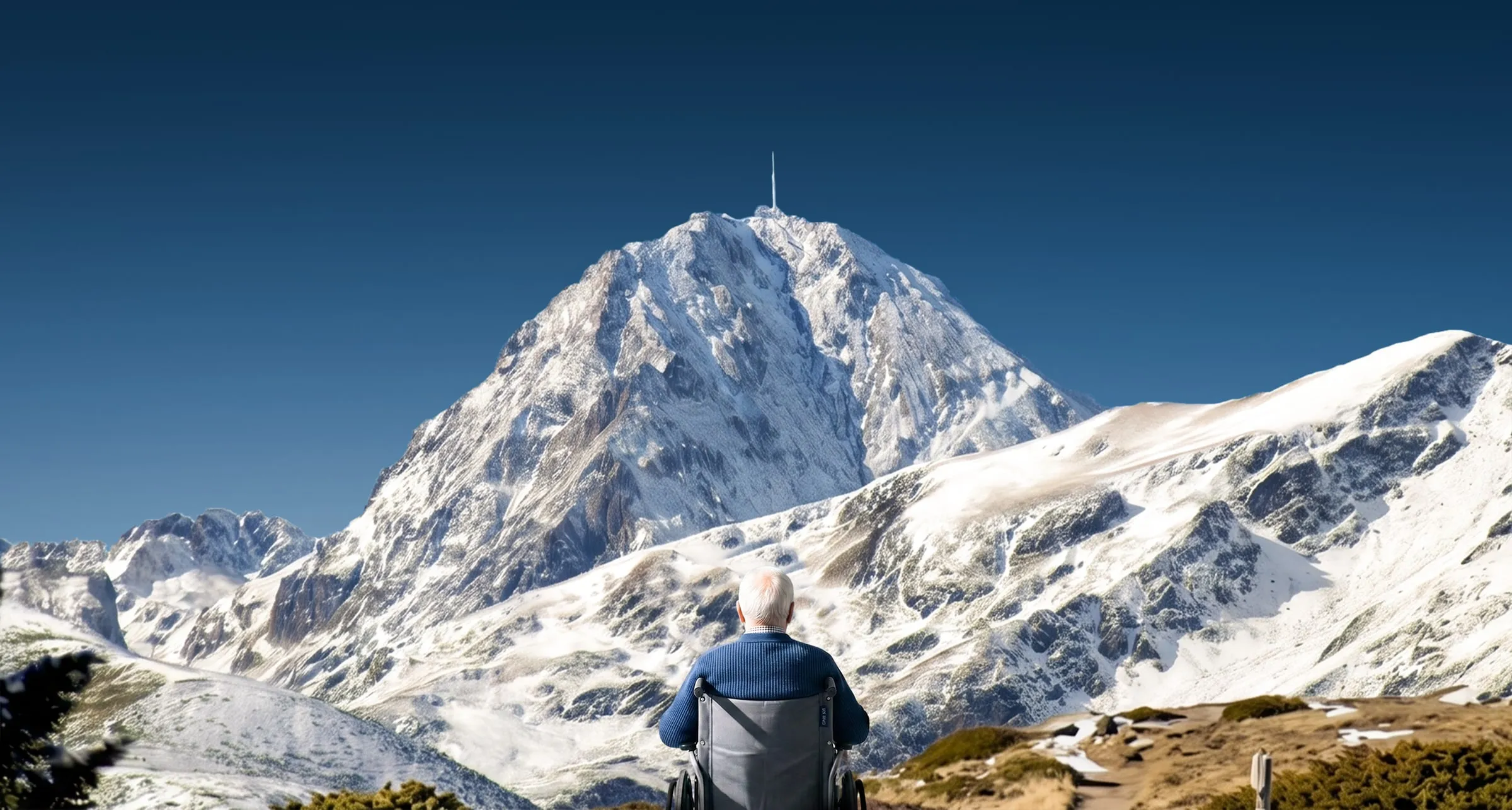 Le Pic du Midi de Bigorre enneigé, vu depuis un fauteuil roulant
